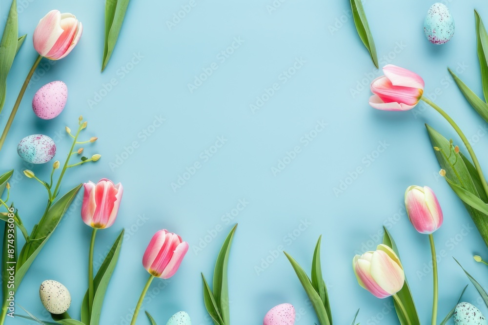 Easter background with eggs and tulips on a pastel blue color. Easter background with eggs and tulips on a pastel blue color.