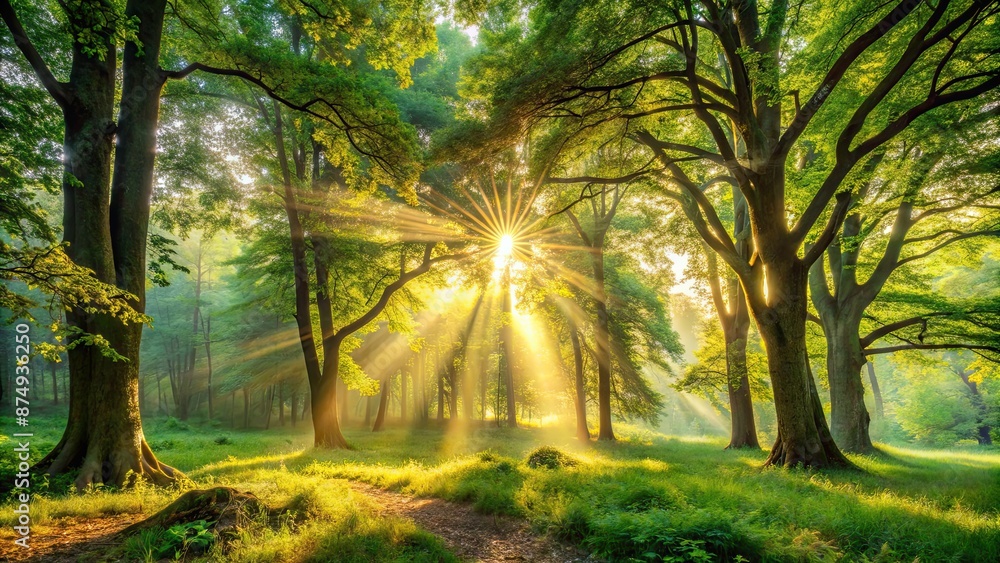 Fototapeta premium Peaceful forest landscape with lush trees, sunlight peeking through the branches, and a serene atmosphere, forest, trees, nature