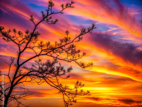 Delicate tree branch silhouette stands out against a warm vibrant orange sunset sky with soft feathery clouds and subtle gradient of purple and pink hues.