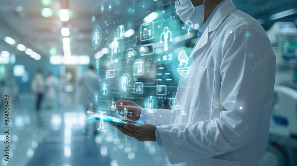 Doctor using digital tablet in futuristic hospital with medical icons ...