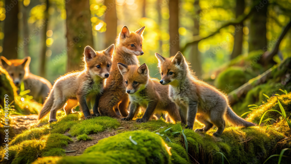 Obraz premium Adorable fox cubs frolic and explore a serene forest glade surrounded by lush greenery, moss-draped branches, and warm sunlight filtering through the trees.