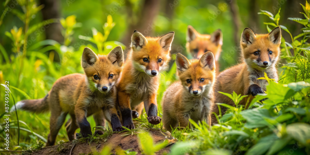 Adorable wild baby red foxes frolic and chase each other through vibrant green underbrush in a serene and untouched deep forest ecosystem. Adorable wild baby red foxes frolic and chase each other through vibrant green underbrush in a serene and untouched deep forest ecosystem.