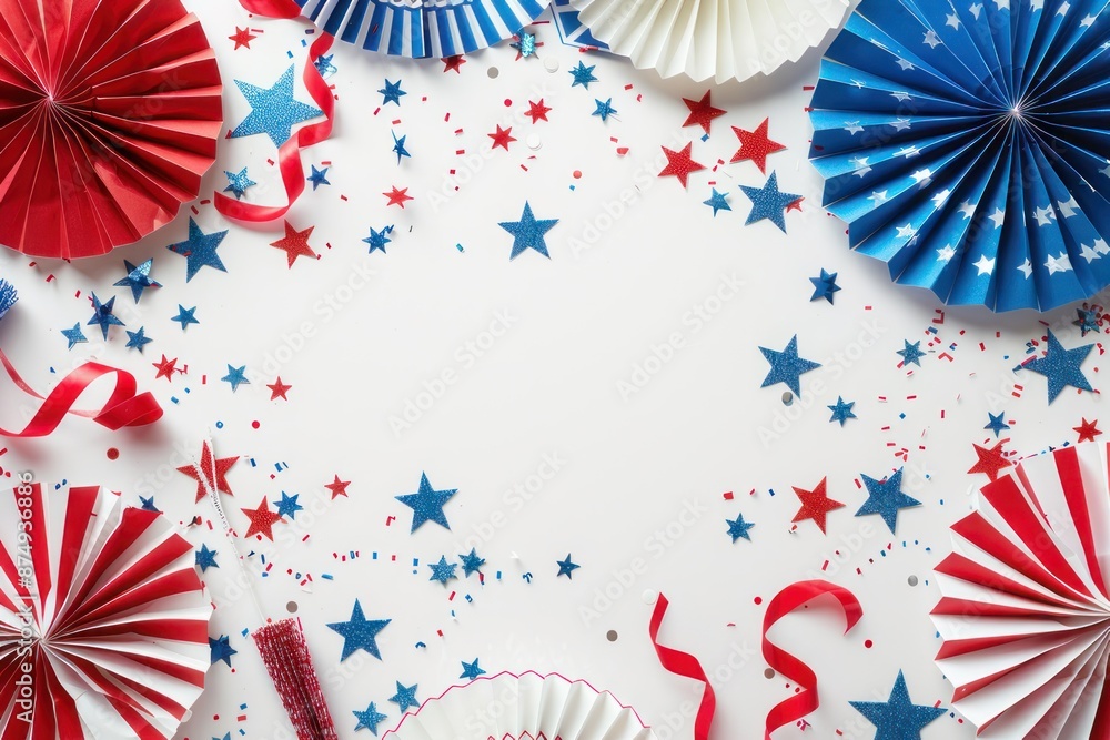 Obraz premium 4th of July USA celebrations on white background with copy space, red blue and white striped paper fans.