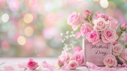 Pink roses in a wooden Mother's Day box with bokeh background. Mother's Day gift, celebration, flowers, spring decor, festive floral arrangement.