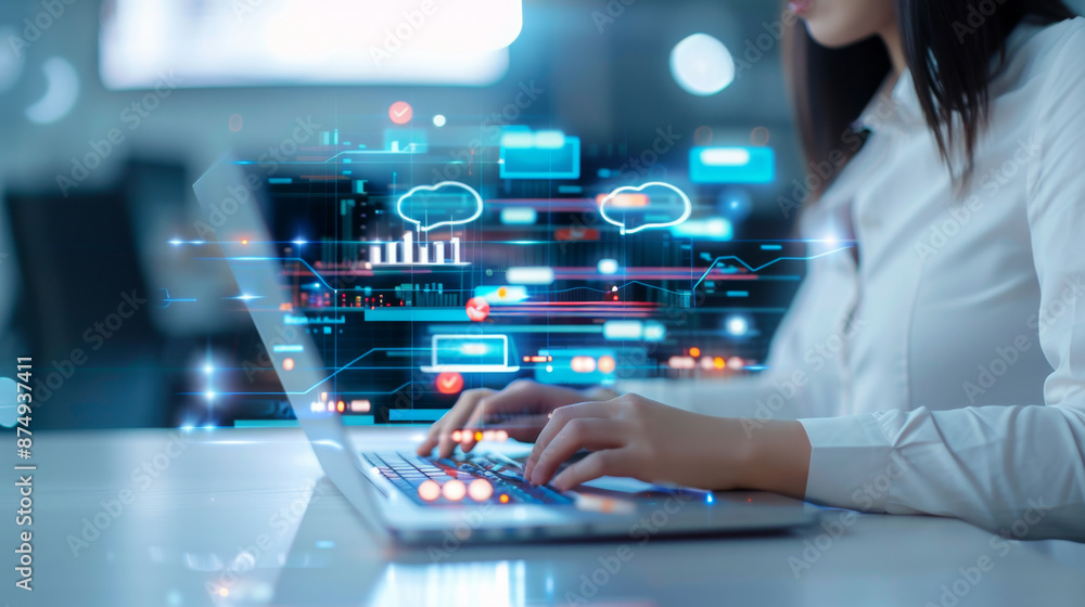 Businesswoman using AI-driven analytics on laptop for tech innovation Businesswoman using AI-driven analytics on laptop for tech innovation