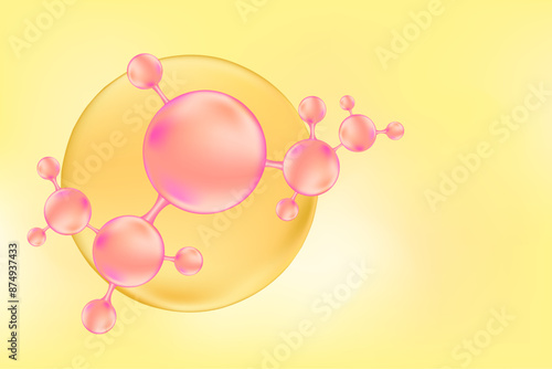 Light pink molecule in yellow watercolor background, hyaluronic acid or collagen, 3D cell. Beauty wallpaper with copy space for cosmetology, bio science icon