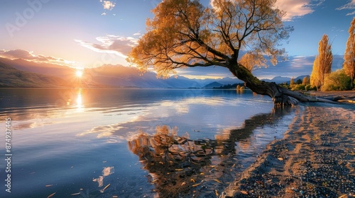 The first rays of sunlight kiss the Wanaka tree, casting a magical glow over Lake Wanaka. This tranquil scene in New Zealand is a breathtaking start to the day. photo