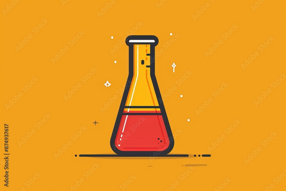 Simplistic flask illustration with red liquid, chemistry and lab theme, vector art on yellow background Simplistic flask illustration with red liquid, chemistry and lab theme, vector art on yellow background