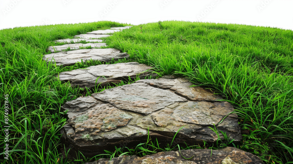 Fototapeta premium Tranquil stone path winding through lush green field against a white backdrop.