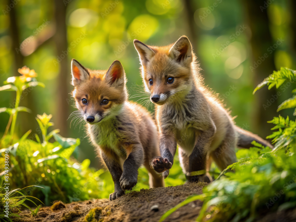 Adorable baby fox cubs frolic and chase each other through lush forest undergrowth, their soft tails bouncing with playful energy, captured in stunning high-definition detail. Adorable baby fox cubs frolic and chase each other through lush forest undergrowth, their soft tails bouncing with playful energy, captured in stunning high-definition detail.
