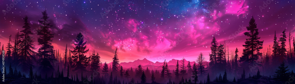 Vibrant cosmic violet and pink gradient sky with stars above silhouette forest trees. Vibrant cosmic violet and pink gradient sky with stars above silhouette forest trees.