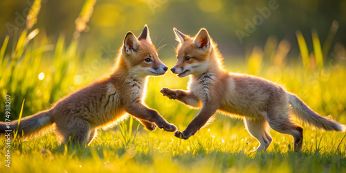 Adorable pair of fox cubs frolic and chase each other through a sun-drenched meadow, their fluffy tails aloft, radiating joy and carefree innocence.