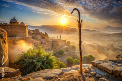 Fotografie Softly lit ancient Middle Eastern landscape with distant town, glowing sunlight, and gentle mist surrounding a curved wooden staff leaning on a stone wall