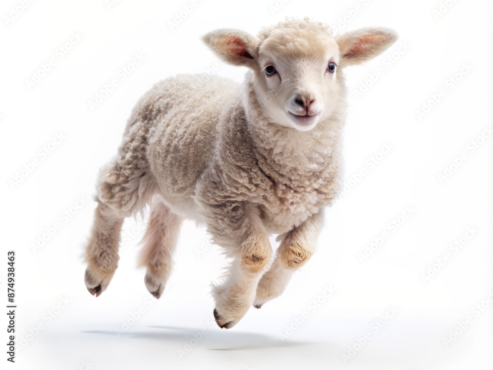 Adorable little sheep suspended in mid-air, legs bent and fluffy coat puffed out, frozen in joyful leap on a crisp white isolated background. Adorable little sheep suspended in mid-air, legs bent and fluffy coat puffed out, frozen in joyful leap on a crisp white isolated background.