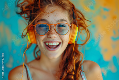Joyful young woman with freckles and orange glasses wearing yellow headphones against a vibrant background.