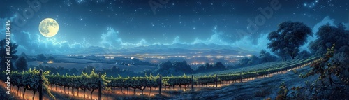 Beautiful night landscape of a vineyard under a full moon with distant city lights in the background, panoramic view in blue hues.