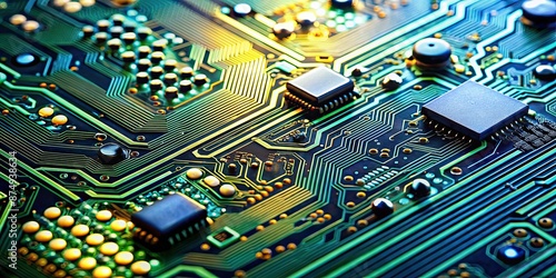 High resolution close-up of electronic circuit board, technology, components, computer, hardware, microchips