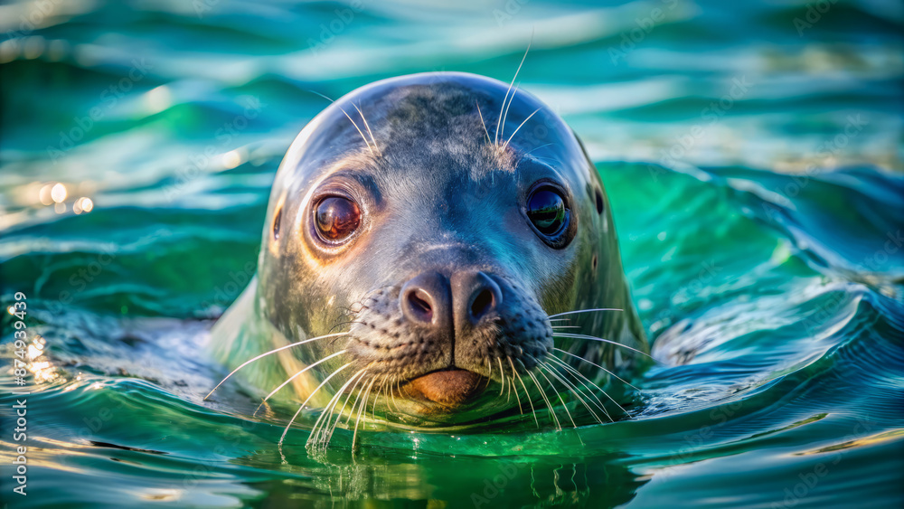 Fototapeta premium Majestic grey seal swims in calm turquoise waters of Helgoland island, its grey fur glistening in sunlight, showcasing serene wildlife moment in stunning 4K resolution.