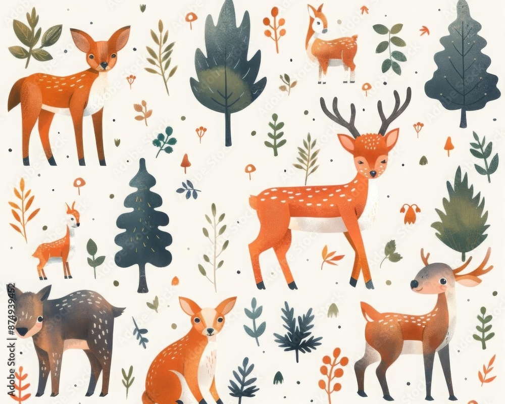 Obraz premium Create a seamless pattern with cute woodland animals and floral elements