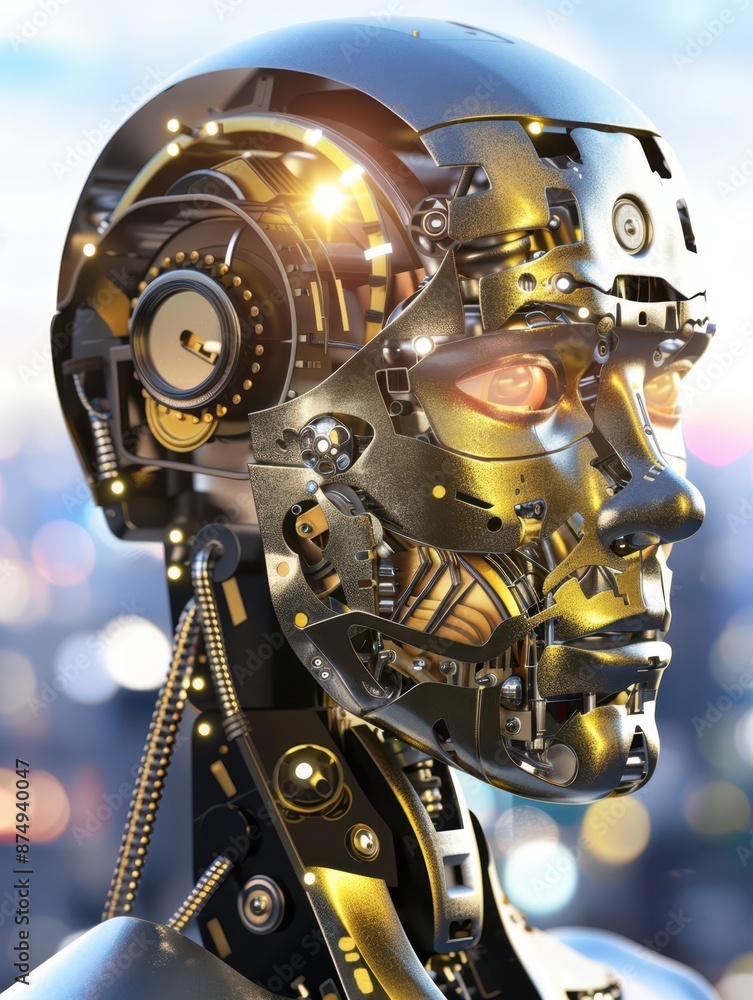 a robot head with a city skyline in the background a robot head with a city skyline in the background