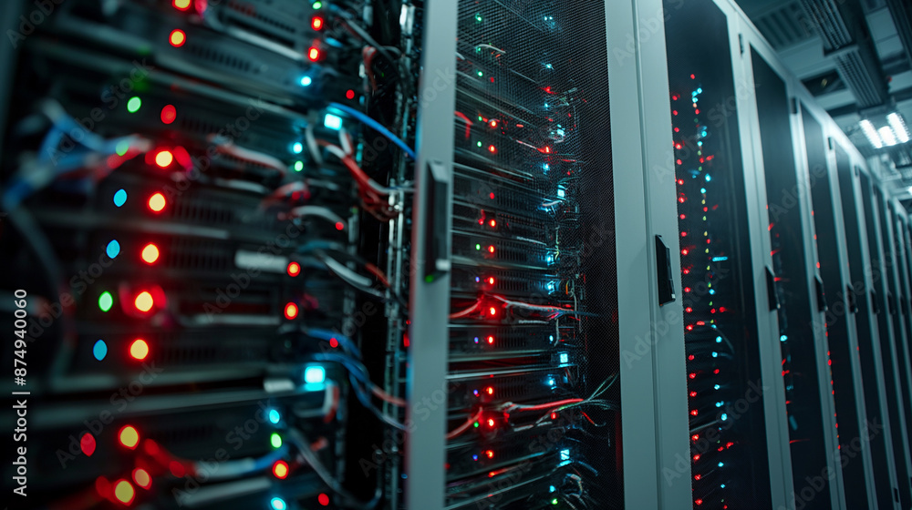 Modern server room, internet cable with flashing lights Modern server room, internet cable with flashing lights