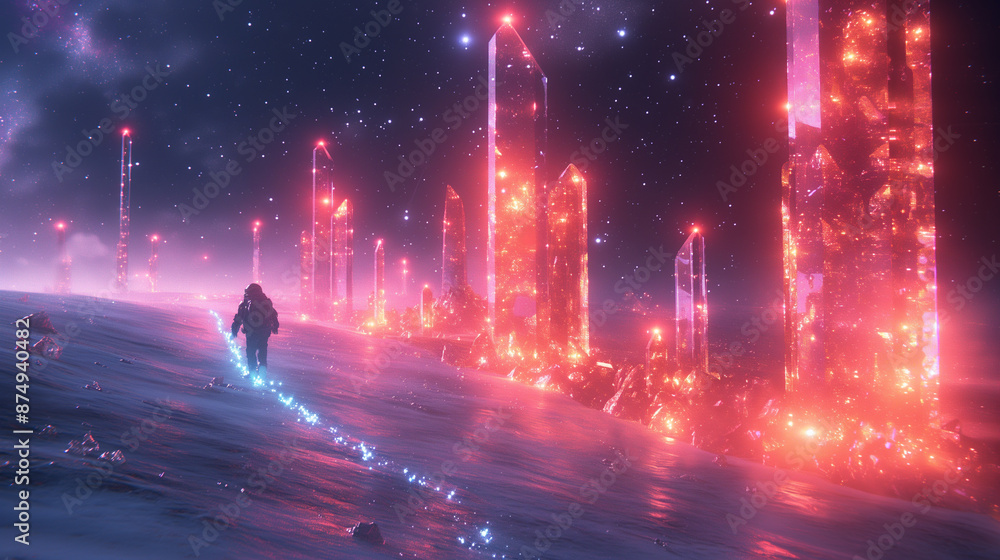 3D space rendering. Brave astronaut in space. science fiction walking on planet exoplanet landscape Beautiful with giant crystals 3D space rendering. Brave astronaut in space. science fiction walking on planet exoplanet landscape Beautiful with giant crystals