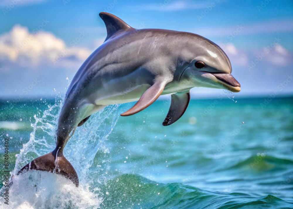 Fototapeta premium Adorable baby dolphin suspended mid-air, its sleek gray body arched in a joyful leap, its dorsal fin and tail fluke shining with youthful exuberance.