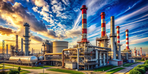 Majestic industrial landscape featuring a massive plant with towering chimneys and piping systems set against a vibrant blue sky with few white clouds. photo