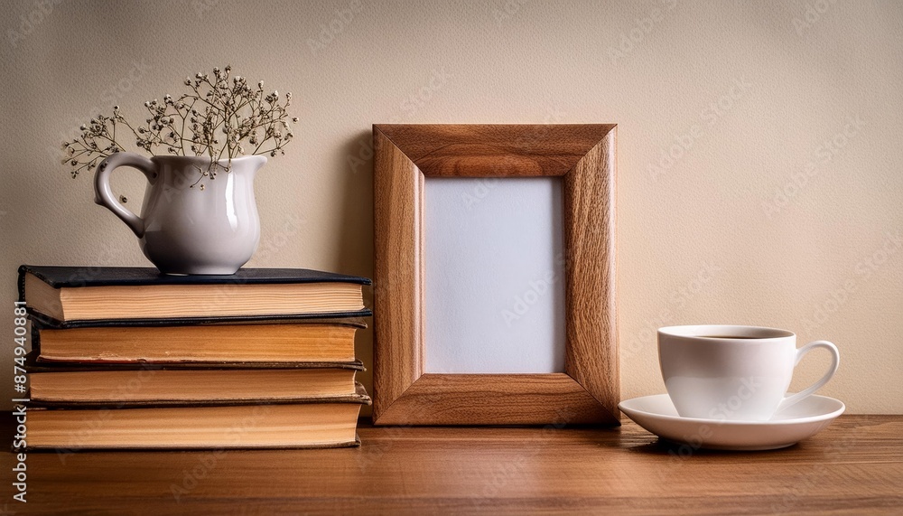 Interior Room with Empty Wooden Picture Frame, Poster Mockup, and Cup of Tea on Old Books Interior Room with Empty Wooden Picture Frame, Poster Mockup, and Cup of Tea on Old Books