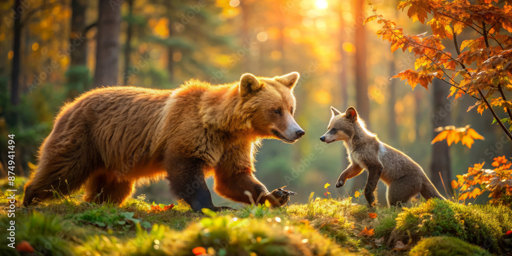 Adorable fox and gigantic bear engage in joyful frolic, chasing each other amidst vibrant foliage, their playful antics showcasing rare forest friendship in serene wilderness. Adorable fox and gigantic bear engage in joyful frolic, chasing each other amidst vibrant foliage, their playful antics showcasing rare forest friendship in serene wilderness.