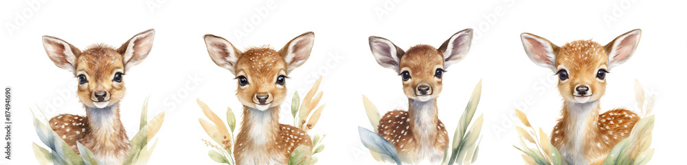 Watercolor Young Deer Fawn Wall Art With Leaves On White Background Watercolor Young Deer Fawn Wall Art With Leaves On White Background