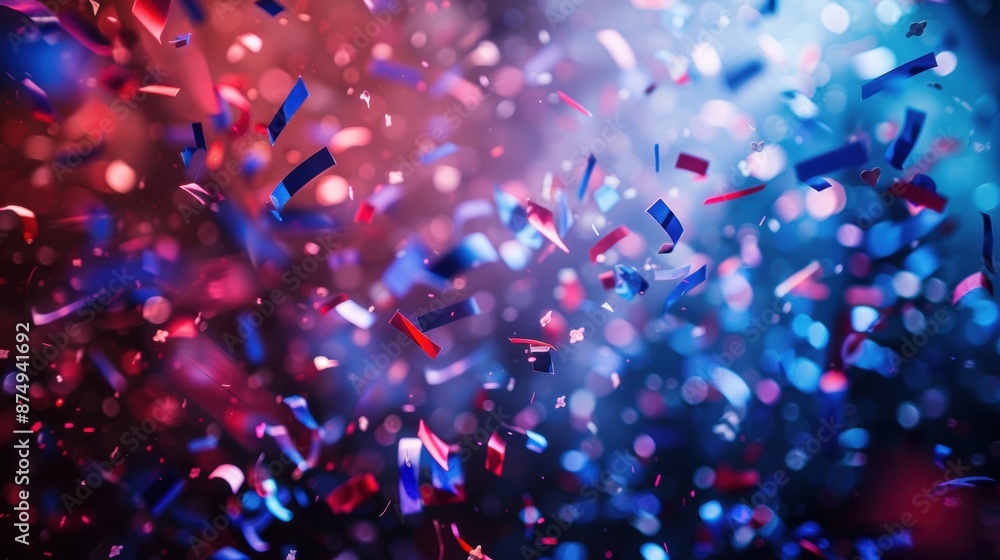 Bright red and blue confetti floating in the air, capturing the festive and joyful atmosphere of a celebration. Bright red and blue confetti floating in the air, capturing the festive and joyful atmosphere of a celebration.