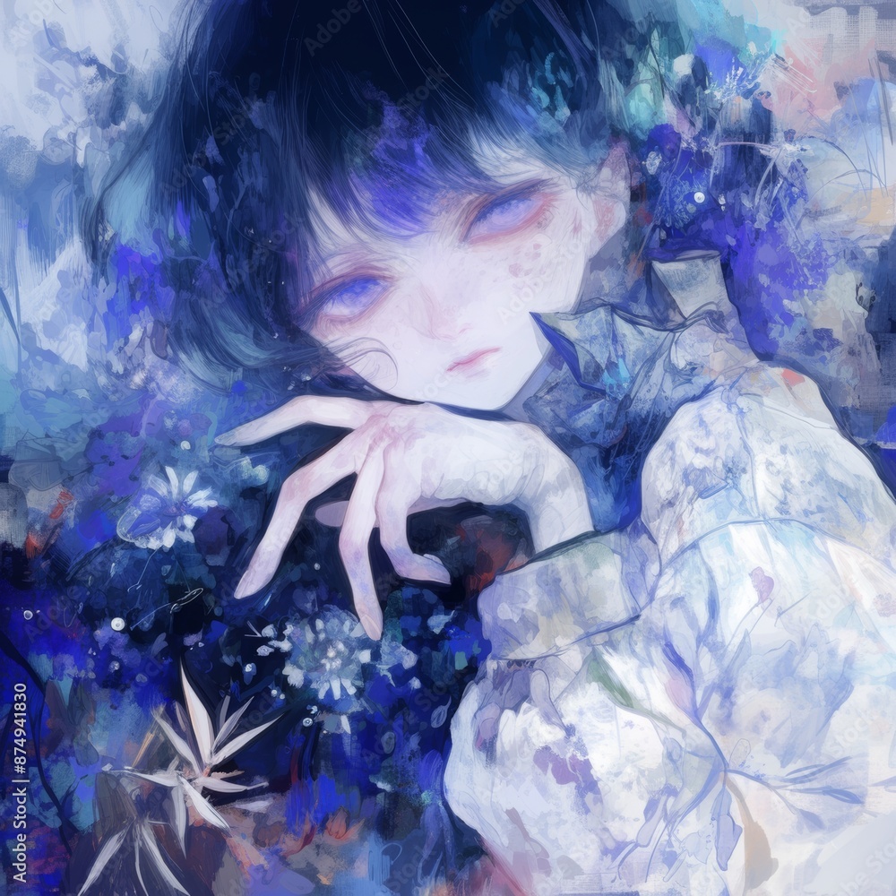 Anime girl with dark blue hair and blue eyes in serene garden with blue ...