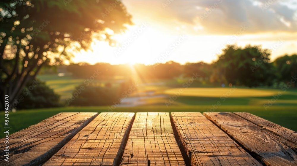 Wooden table in foreground with a beautiful sunset over a lush golf course, creating a serene and picturesque scene. Wooden table in foreground with a beautiful sunset over a lush golf course, creating a serene and picturesque scene.