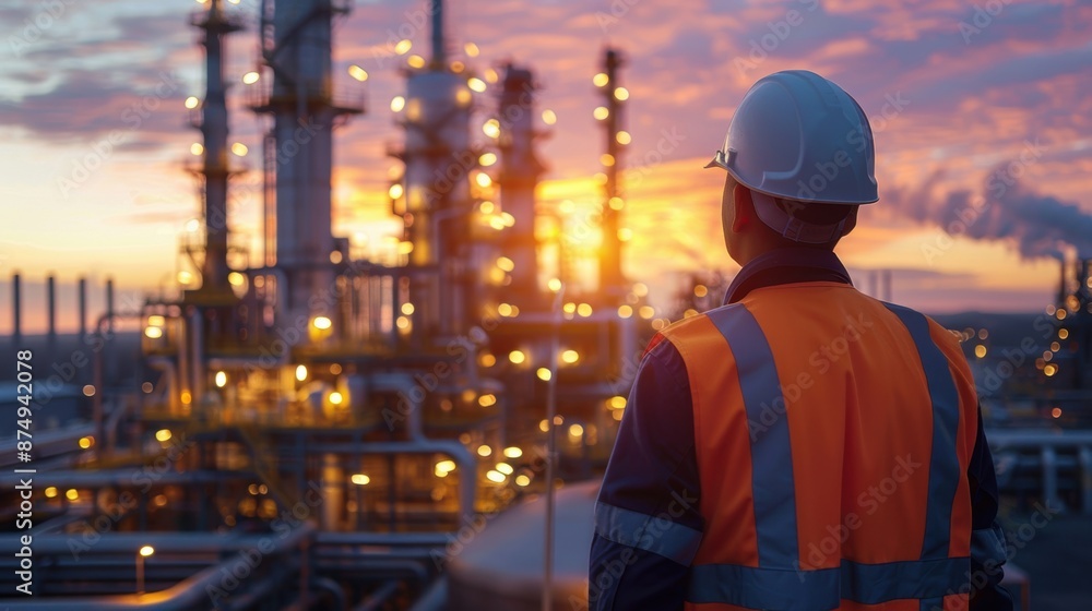 Engineer wearing safety gear overlooking an industrial plant at sunset, showcasing the blend of industry and natural beauty. Engineer wearing safety gear overlooking an industrial plant at sunset, showcasing the blend of industry and natural beauty.
