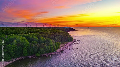 Wallpaper Mural Vegetated Shoreline With Rotating Wind Turbines In The Background During Sunset. Aerial Hyperlapse Shot Torontodigital.ca