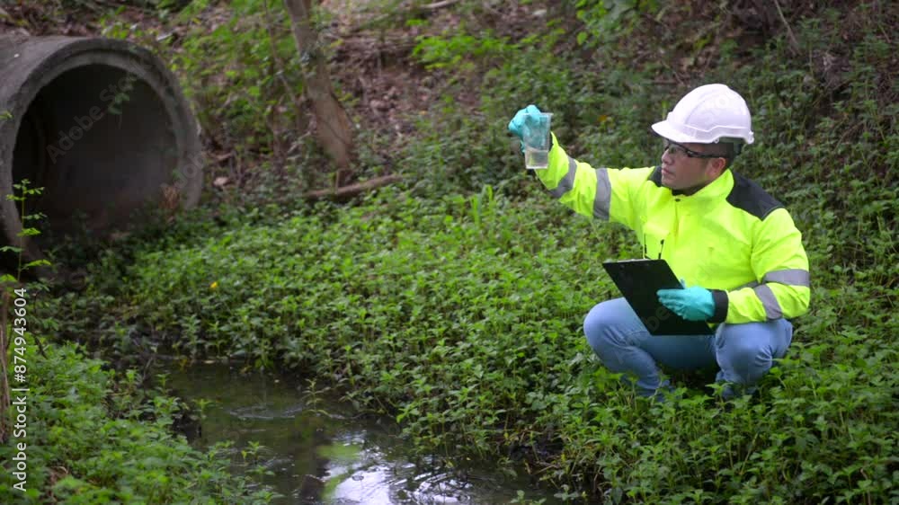 An ecologist in a green jacket sit aside of the pond looking at a liquid in a plastic glass in his hand try to examination the quality of the water. and write down the result on a clipboard An ecologist in a green jacket sit aside of the pond looking at a liquid in a plastic glass in his hand try to examination the quality of the water. and write down the result on a clipboard