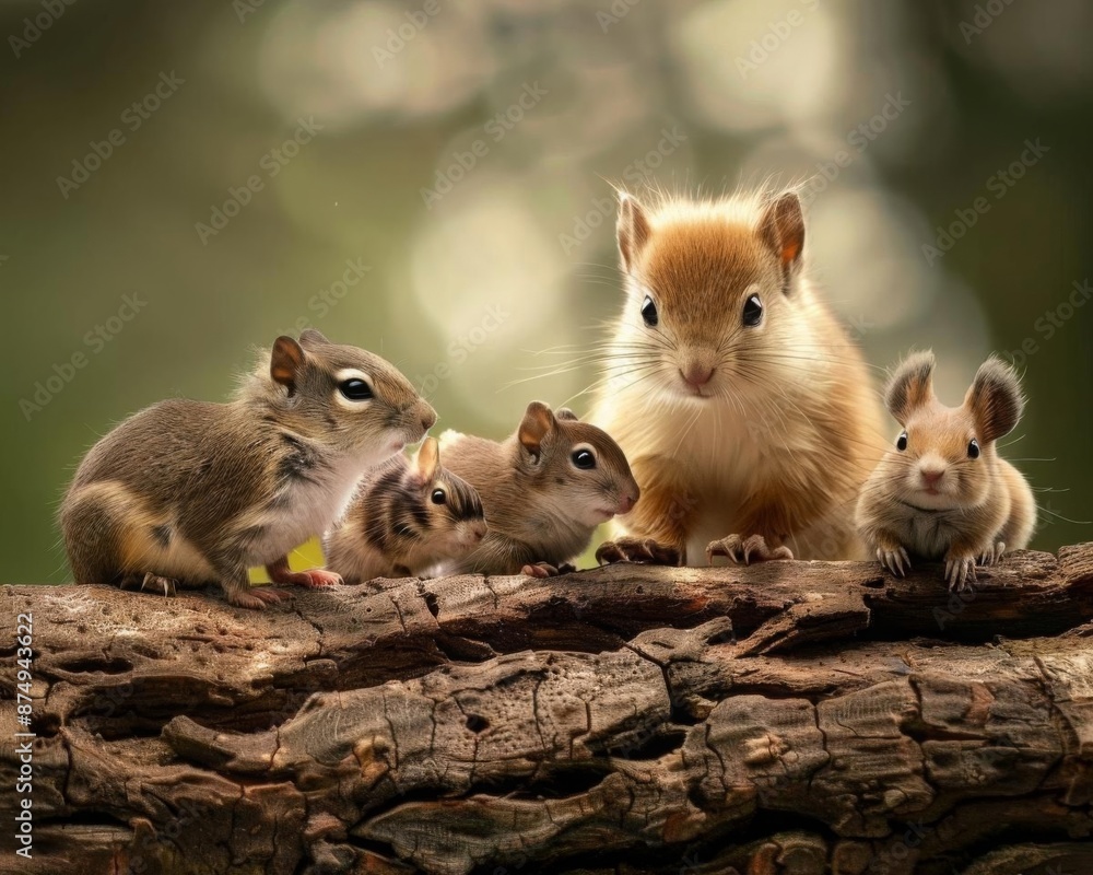 group of adorable squirrels gathered on log, showcasing their playful nature and curiosity. Their fluffy fur and expressive eyes create heartwarming scene in natural setting group of adorable squirrels gathered on log, showcasing their playful nature and curiosity. Their fluffy fur and expressive eyes create heartwarming scene in natural setting