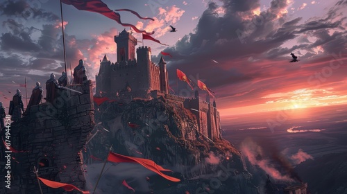 the castle is surrounded by red flags
