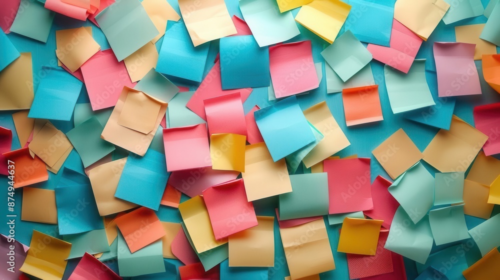 Multicolored sticky notes and clips, shadowless lighting, overhead shot, crisp style Multicolored sticky notes and clips, shadowless lighting, overhead shot, crisp style