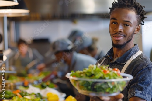 A chef in a kitchen proudly presents a colorful and fresh salad, ready to be served, with a bustling kitchen staff working diligently in the background.