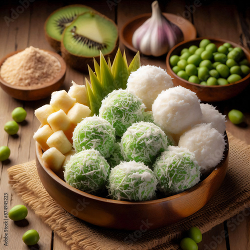 Klepon, Indonesian traditional snack on wooden background
 photo