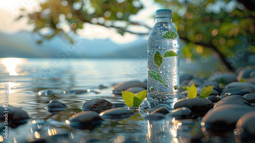 a bottle of mineral water on a lake and nature background with a glass of fresh water next to it, some stones, light green leaves on top, advertising style, product image