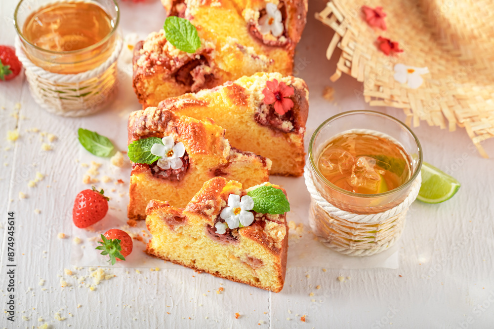 Tasty strawberry yeast cake freshly baked in summer. Tasty strawberry yeast cake freshly baked in summer.