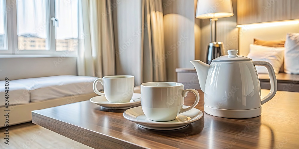 White cups and a kettle placed on a table in a hotel room, hotel, room, table, cups, kettle, white, tea, beverage White cups and a kettle placed on a table in a hotel room, hotel, room, table, cups, kettle, white, tea, beverage