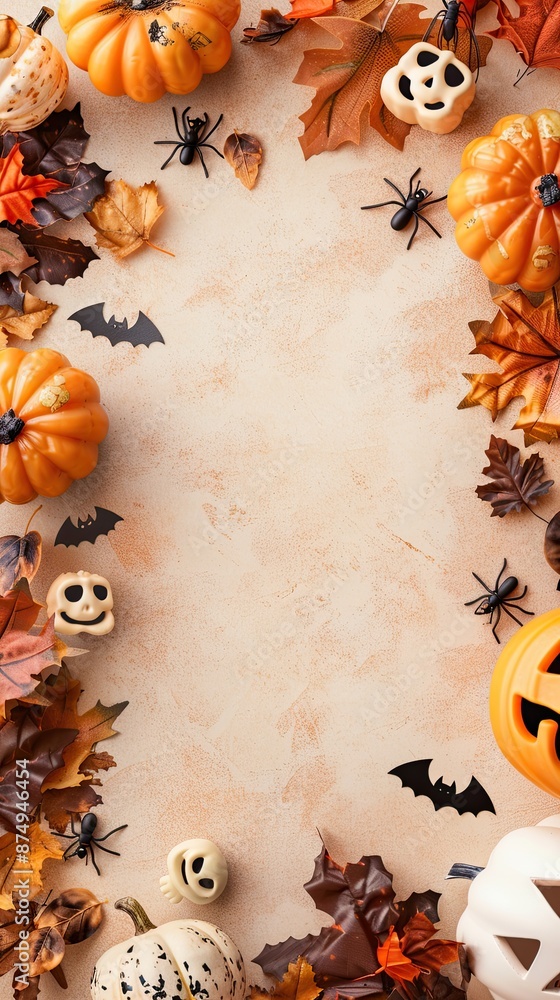 Mockup, setup with traditional Halloween characters on orange plain background. Copy space. Mockup, setup with traditional Halloween characters on orange plain background. Copy space.
