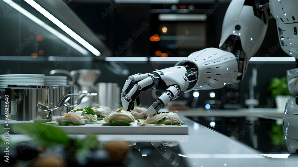Advanced Robotic Chef Preparing Gourmet Dishes in Sleek Ultra Modern Kitchen Advanced Robotic Chef Preparing Gourmet Dishes in Sleek Ultra Modern Kitchen