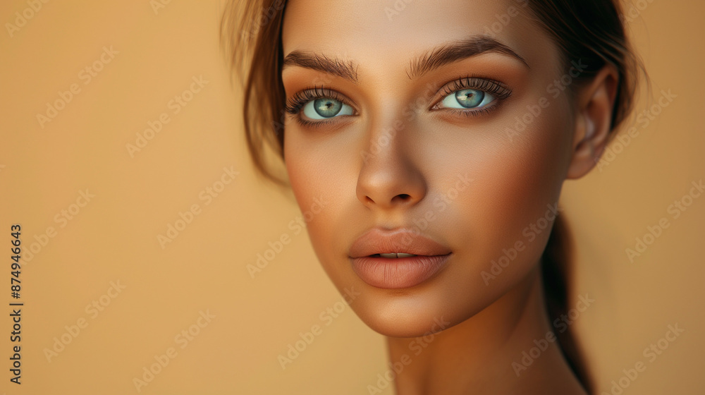 Close-up of woman with blue eyes and flawless skin. Close-up of woman with blue eyes and flawless skin.