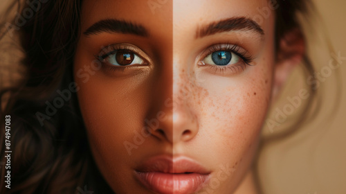 Wallpaper Mural Split-face portrait merging features of two diverse women, showcasing ethnic unity. Torontodigital.ca