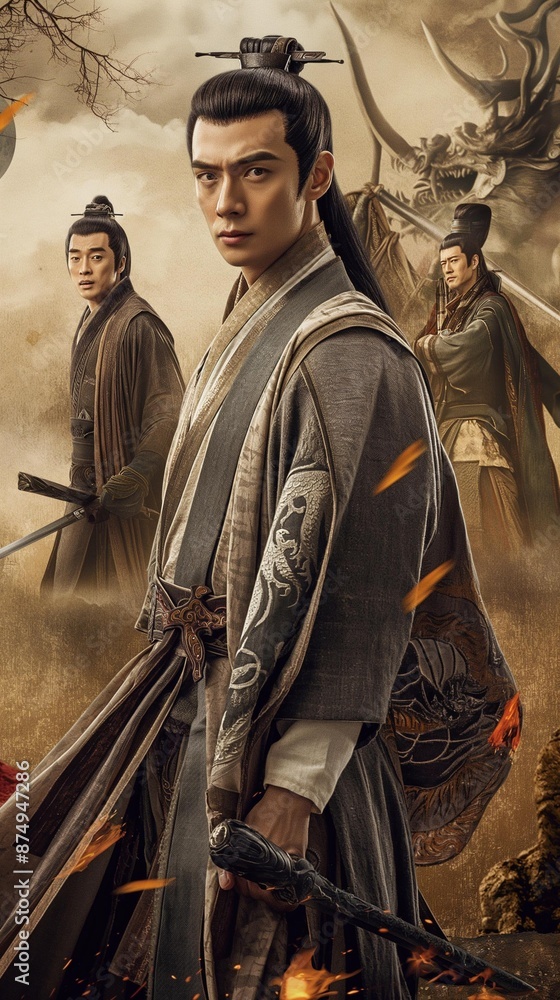 Naklejka premium AI generator image of A poster for a Chinese drama going back in time, telling the story of a handsome young man killing a dragon. Dressed in Shanghai style clothing